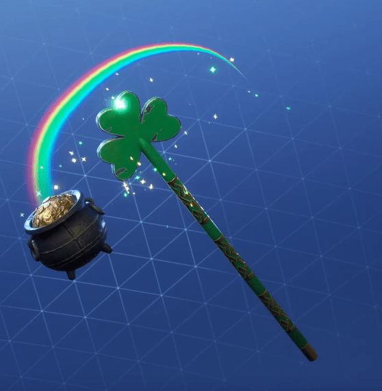 a Fortnite pickaxe that is fully green with gold wrappings and a clover at the top with a pot of gold to the left