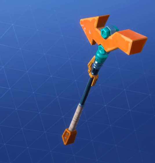 a blue and orange Fortnite pickaxe with an orange pointer arrow at the top