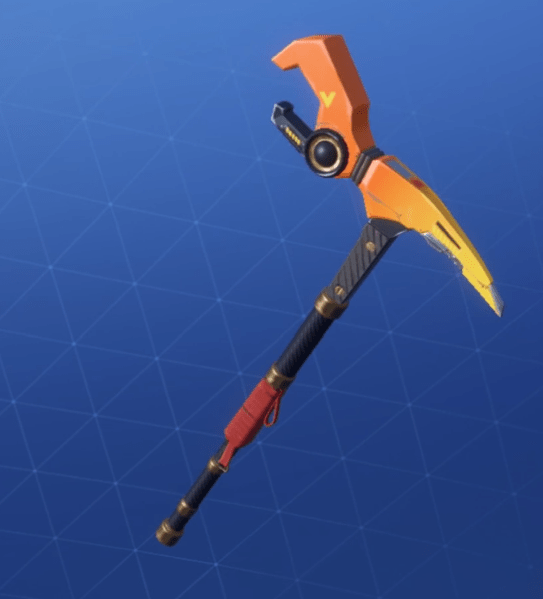 a black and orange Fortnite pickaxe with a tool like pincher at the top