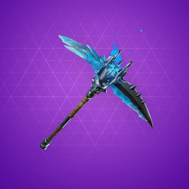 a Fortnite pickaxe built out of steel with an iced over end