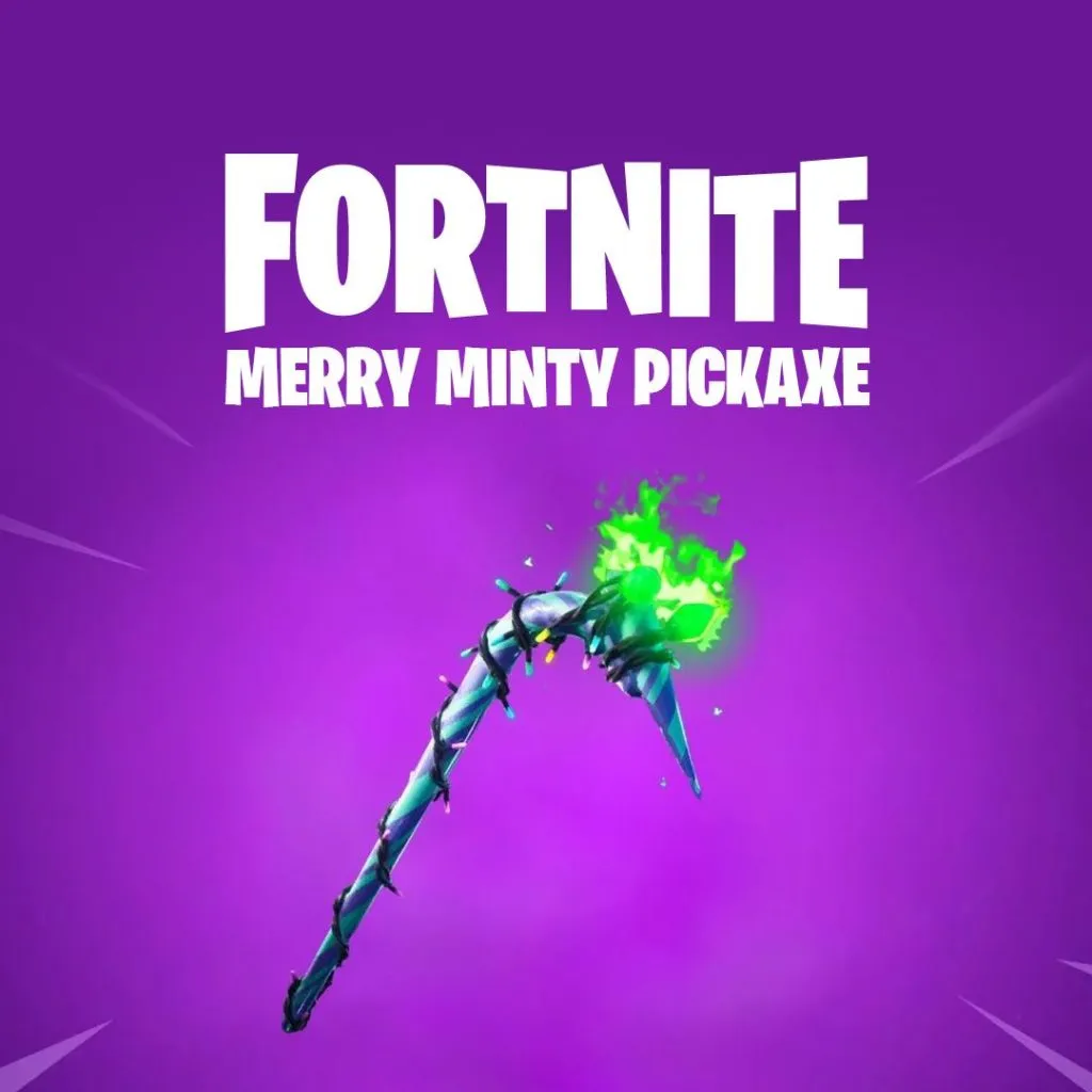a Fortnite pickaxe looking like a cancy cane wrapped in christmas lights with a bright green light at the top