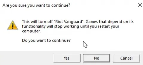 A screenshot asking if the user really wants to turn off Riot's anticheat Vanguard when uninstalling Valorant