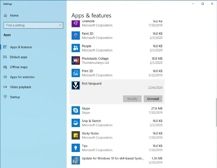 A screenshot of the Apps & Features page that you'll have to navigate on Windows to Uninstall Valorant