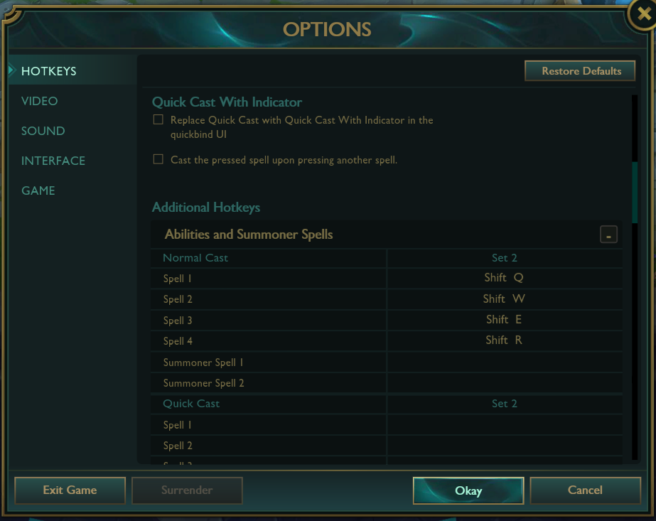 The Quick Cast options in the League of Legends settings menu