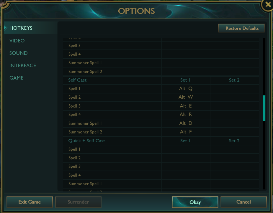 The hotkey options in the League of Legends settings menu