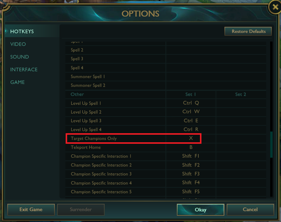 The hotkeys options in the League of Legends settings menu with Target Champions Only highlighted with a red box
