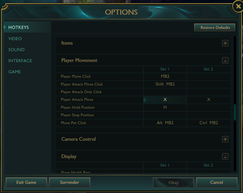 The Player Movement options in the League of Legends settings menu
