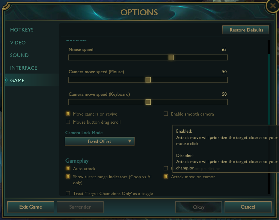The Game Camera options in the League of Legends settings menu