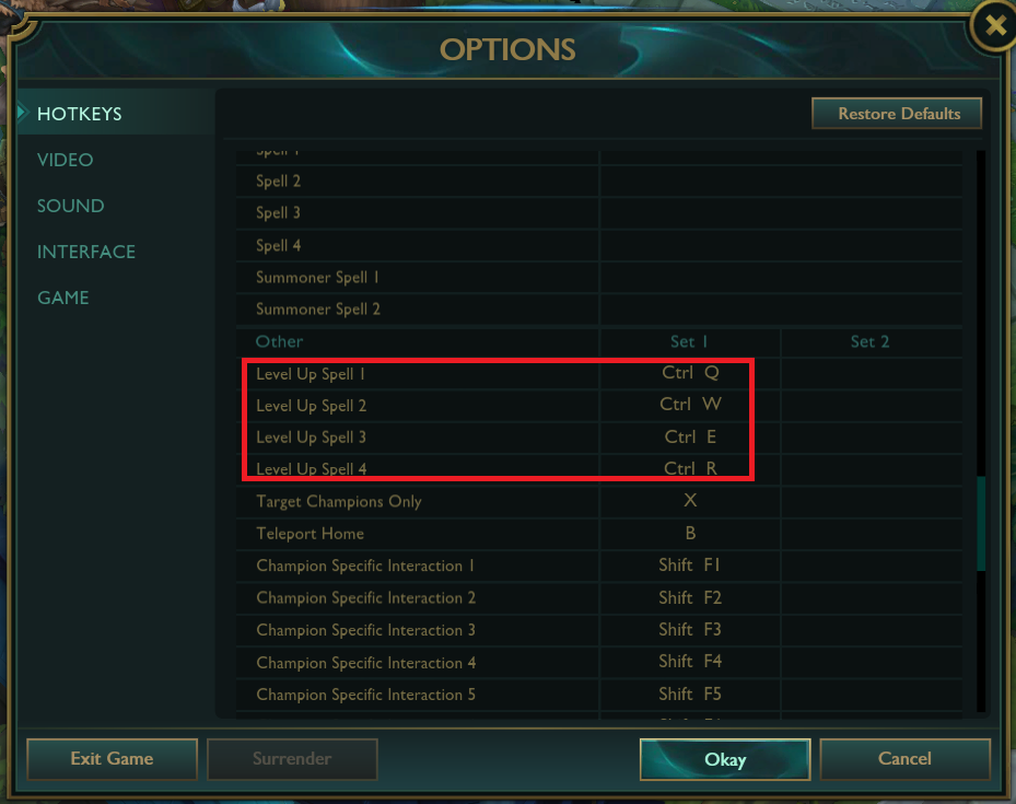 The Hotkeys options in the League of Legends settings menu with several League Up Spells options highlighted with a red box