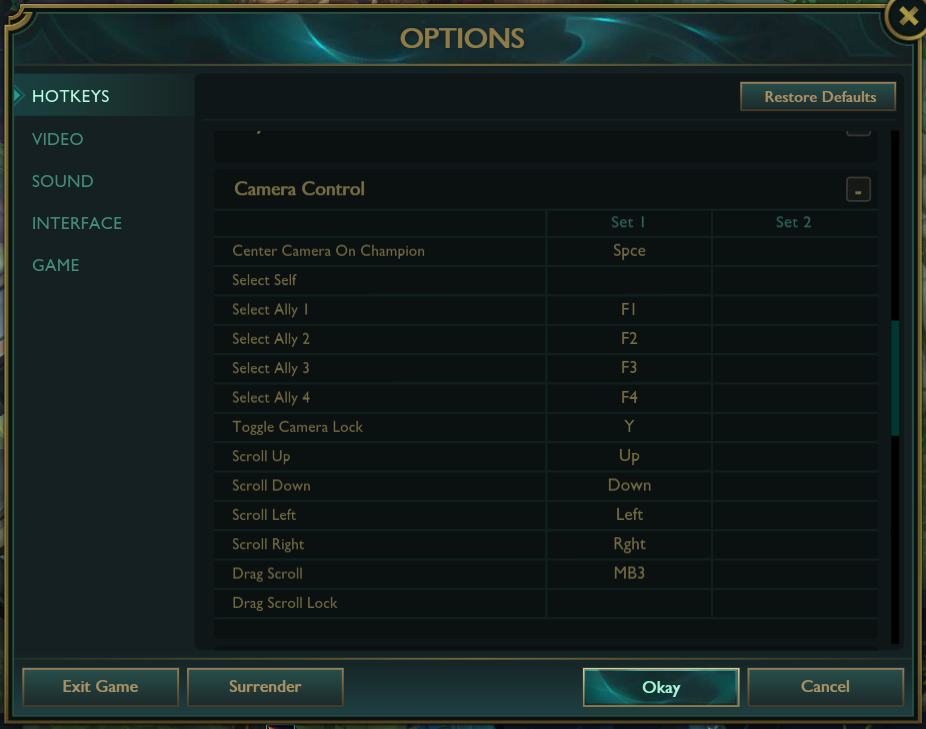 The Hotkeys options in the League of Legends settings menu