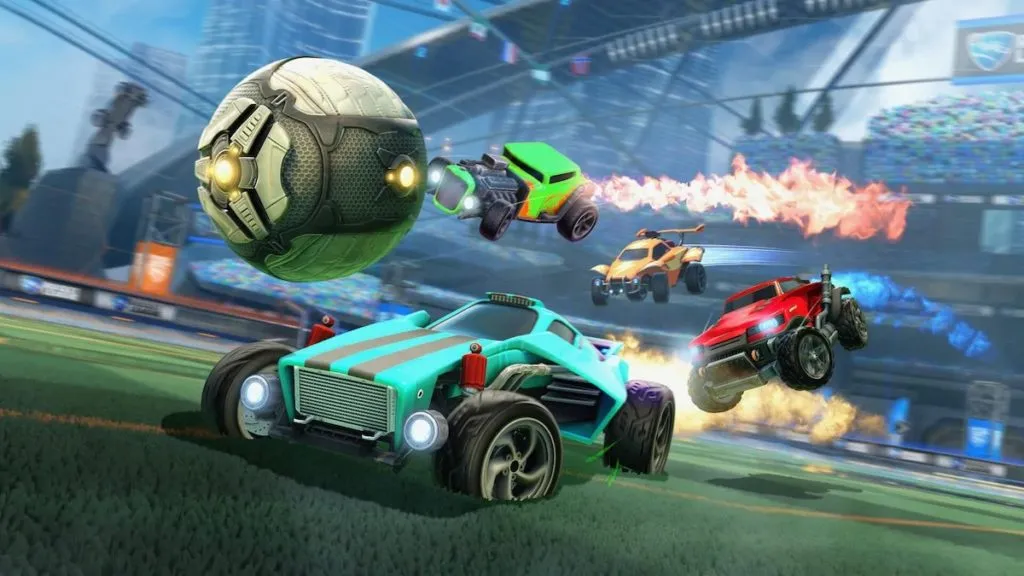 Screenshot of four Rocket League cars all boosting after the ball.