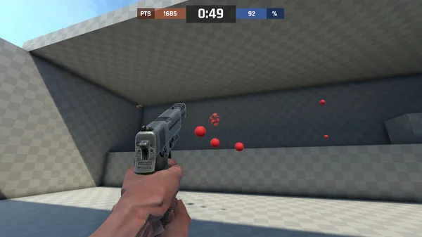 A player shoots at red targets, bursting them open, in Aim Lab.