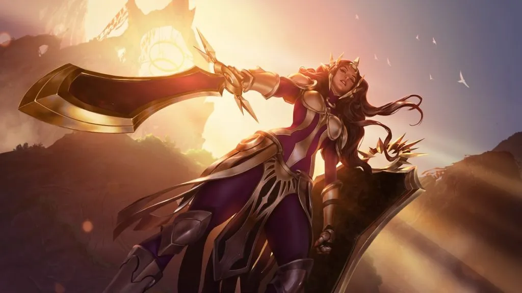 League of Legends champion Leona in official artwork looking down toward the camera with sunlight behind her.