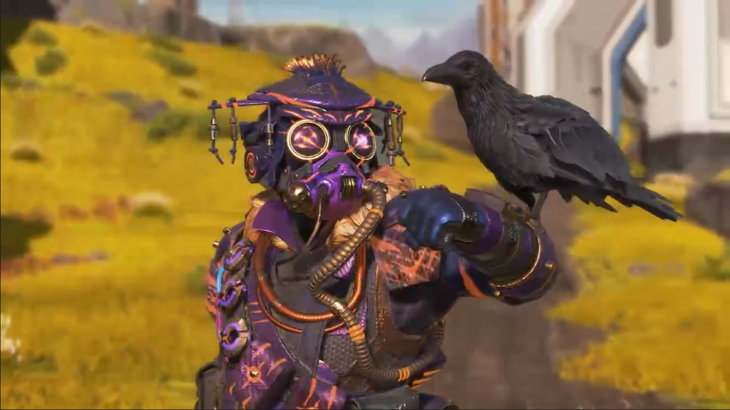 Apex character Bloodhound in a purple skin, with a black raven perched on their arm.