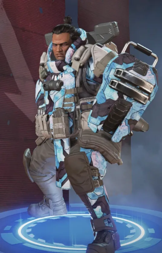 Gibraltar in a rare-level skin featuring blue and white triangles.
