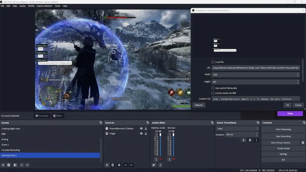 OBS window with browser scene to add chat box to OBS Studio