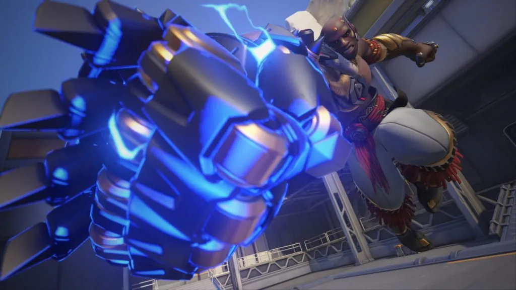 Doomfist charges up his metal fist and strikes at a target in Overwatch 2.