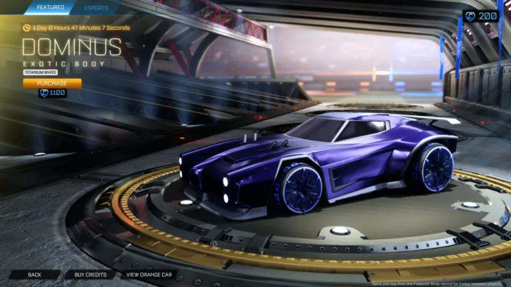 The Titanium White Dominus body on a player car in Rocket League