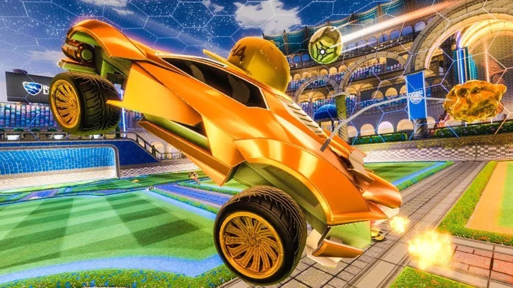 The Goldstone Wheels on a player car in Rocket League.