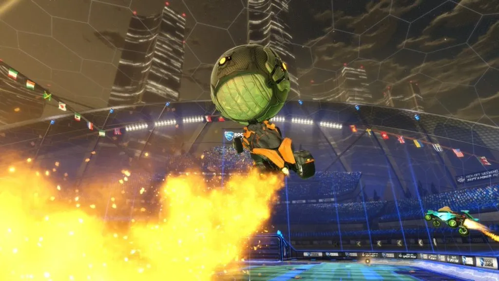 A player car using the Gold Rush boost in Rocket League.