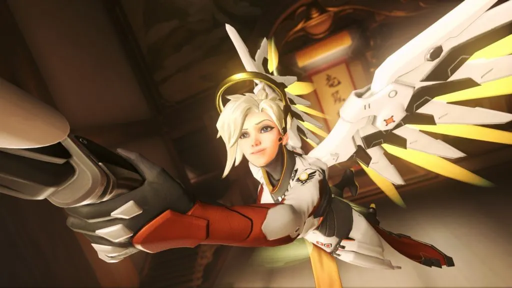 Mercy from Overwatch gliding toward the camera in one of her highlight reel intros.
