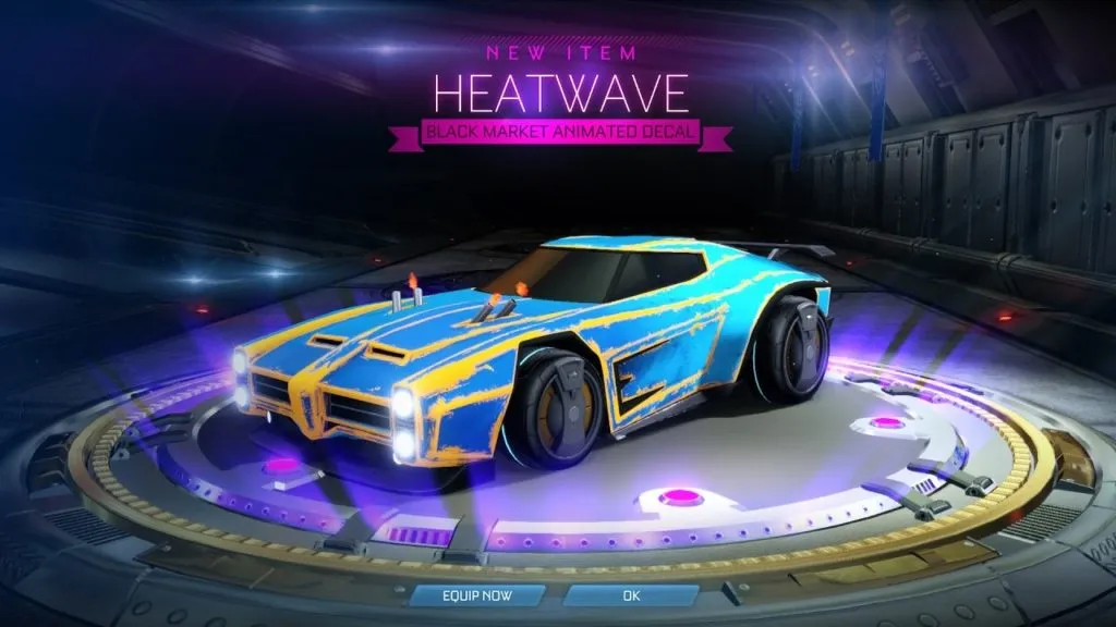 The Heat Wave decal on a player car in Rocket League.