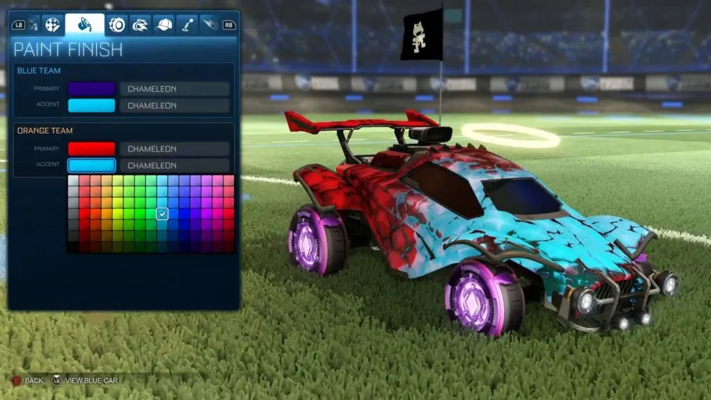 The Chameleon decal on a player car in Rocket League.