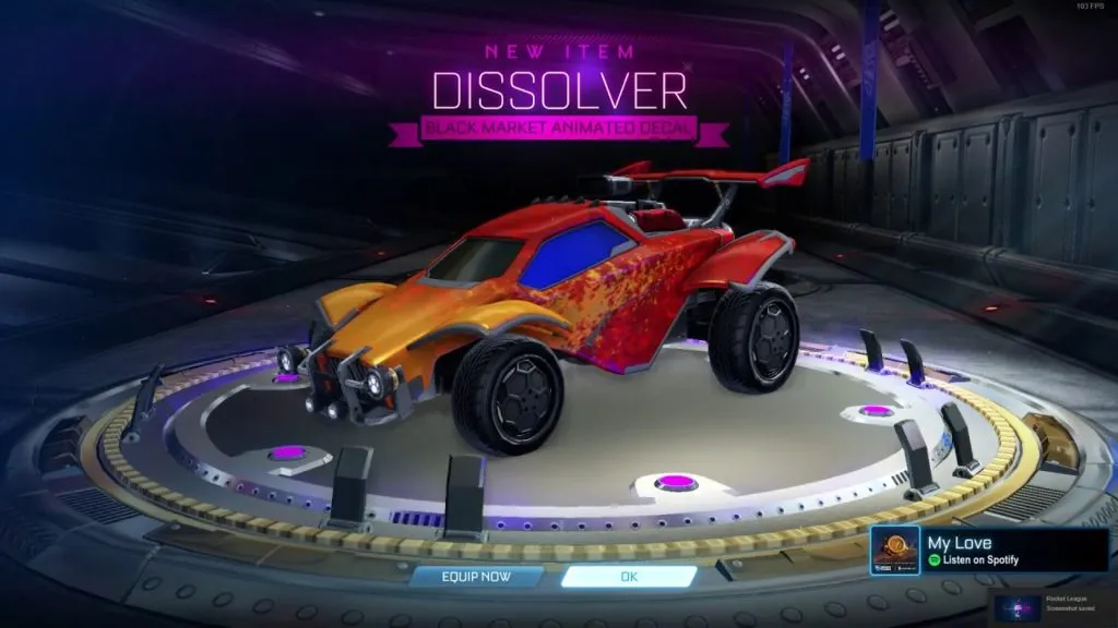 The Dissolver decal on a player car in Rocket League.