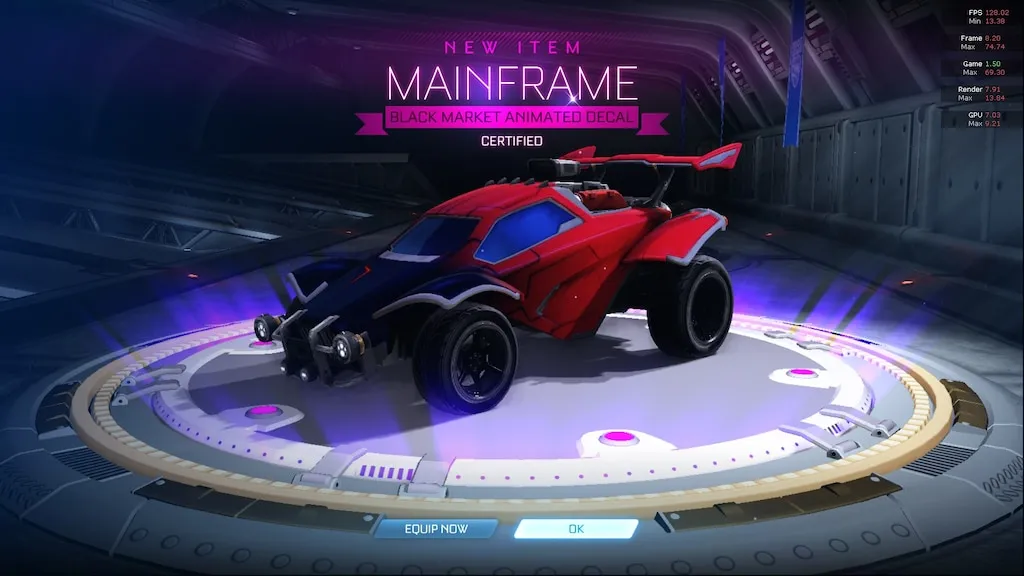 The Mainframe decal on a player car in Rocket League.
