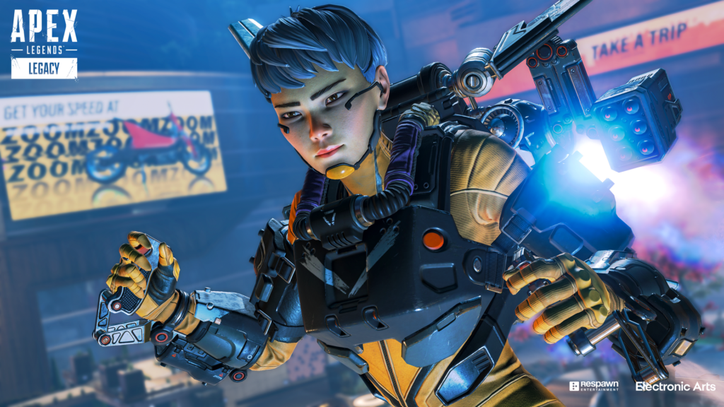 Valkyrie hovers with her jatpack while futuristic neon screens display images in the background.