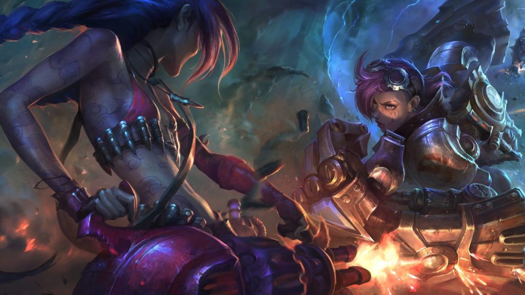 League of Legends artwork showing Jinx and Vi fighting.