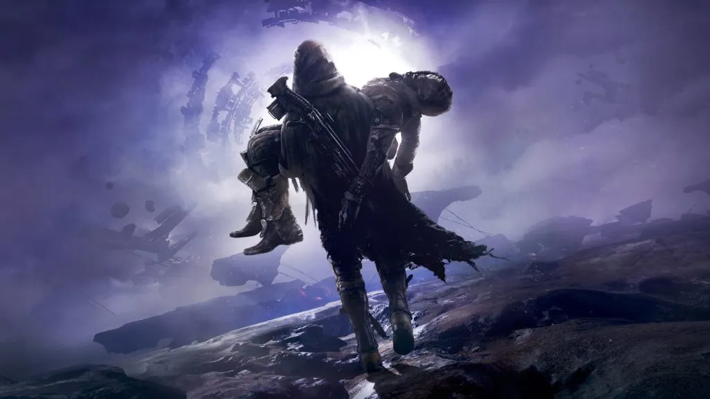 An image of the key art from Destiny 2: Forsaken featuring a Guardian carrying Cayde-6's body.