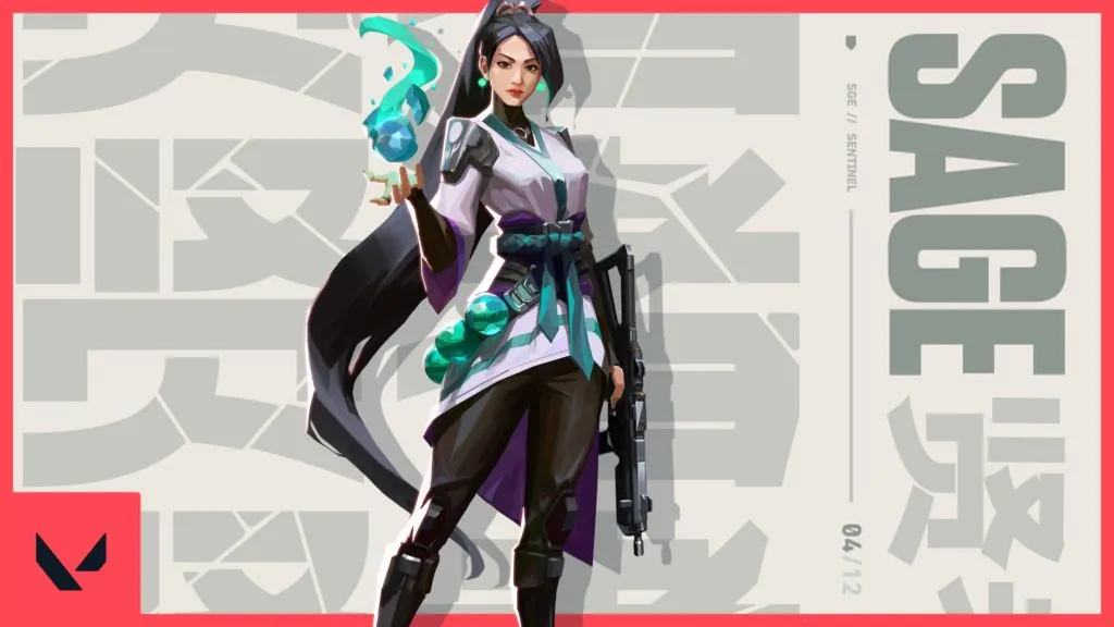 The splash art for Sage. She's holding a blue and green orb in one hand and a gun in the other.