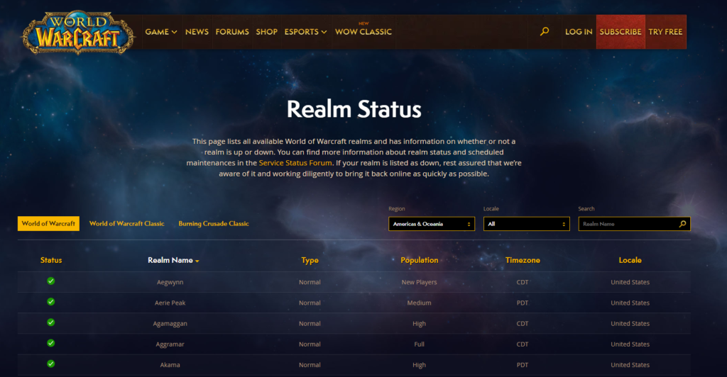 World World of WarcraftのWebサイトにあるレルムステータスページのスクリーンショット。