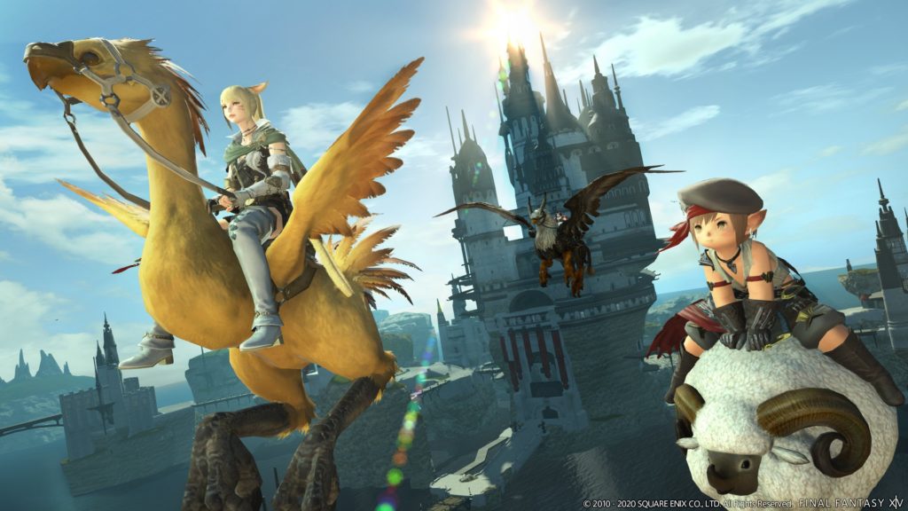 Characters fly on a gryphon, a Chocobo, and a sheep ahead of a castle in Final Fantasy XIV.