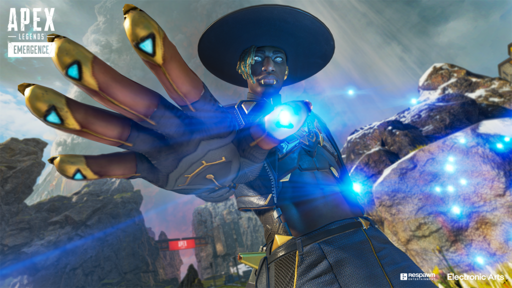 An image of Apex Legends character Seer holding his outstretched hand towards the camera.
