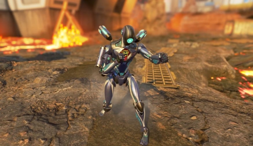 A screenshot of Apex Legends character  Pathfinder in a boxing stance.