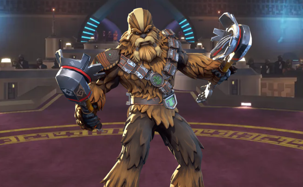 Grozz holding two weapons in an arena in Star Wars: Hunters.