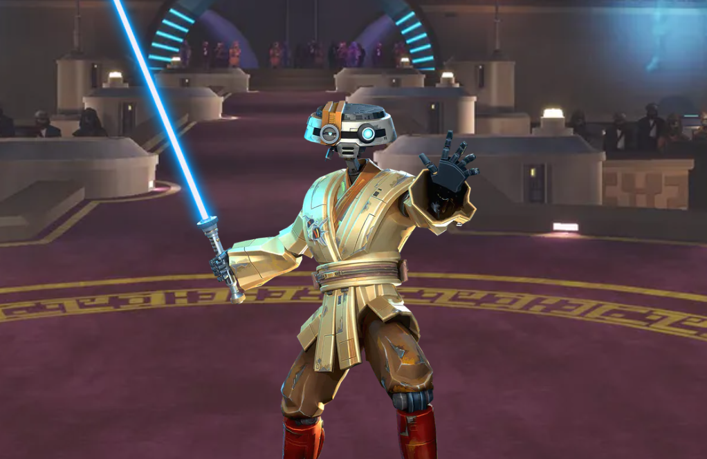 J-3DI with a lightsaber in an arena in Star Wars: Hunters.