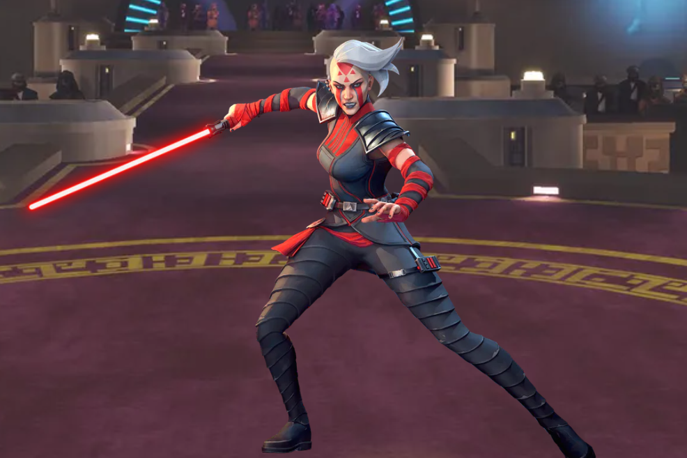 Rieve with a red lightsaber in an arena in Star Wars: Hunters.