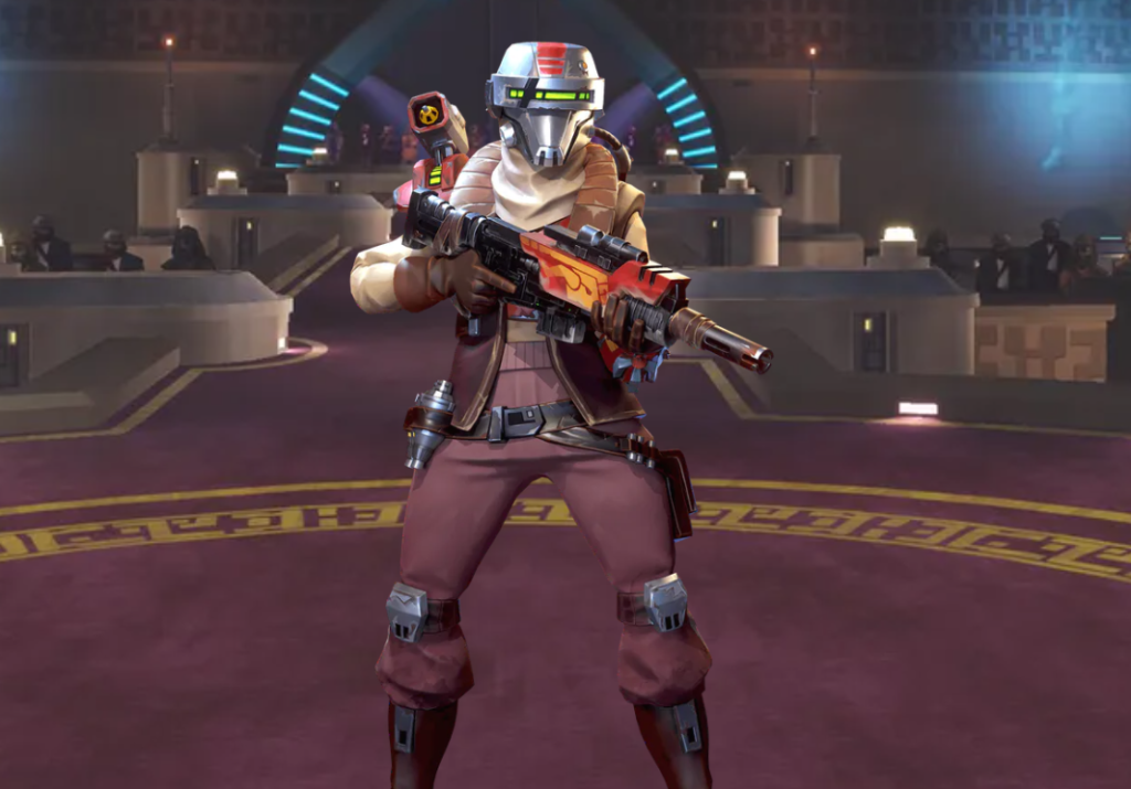 Imara Vex holding a gun in an arena in Star Wars: Hunters.