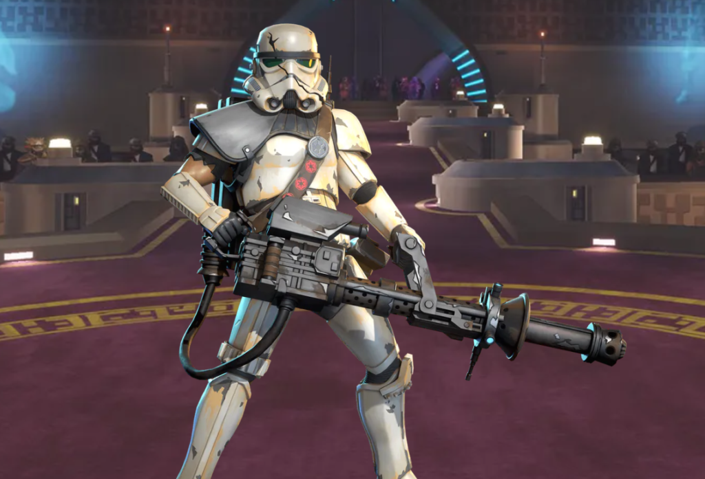 Sentinel with a gun in an arena in Star Wars: Hunters.