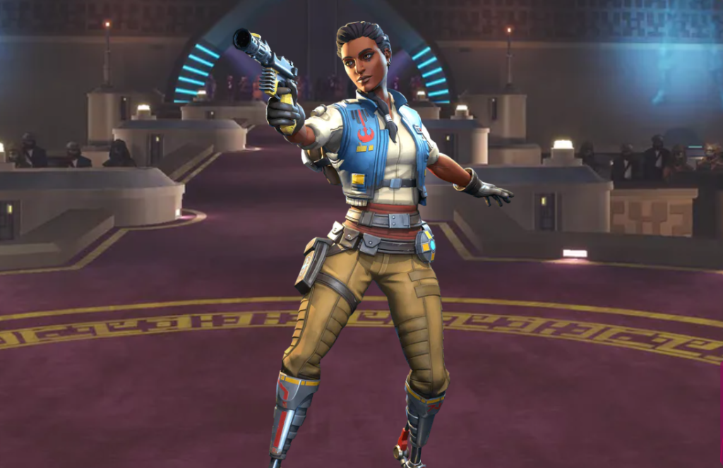 Zaina pointing a gun in an arena in Star Wars: Hunters.