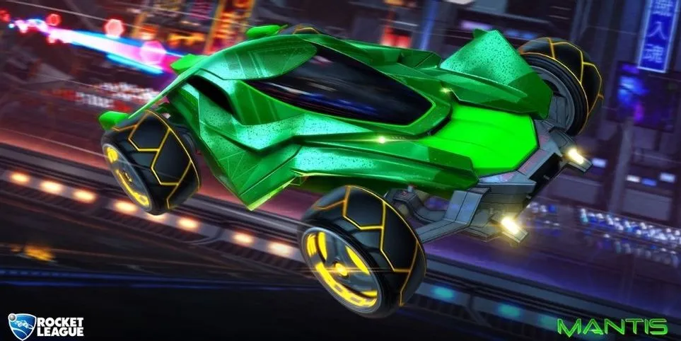 A Mantis body car boosting through the air in Rocket League.