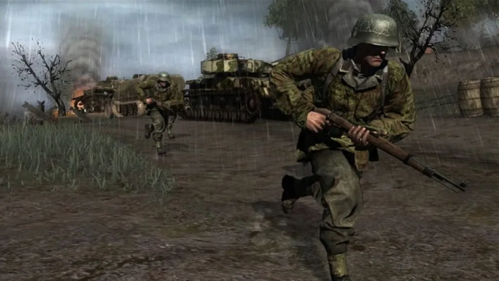 soldiers and tanks in a battlefield charging in as it rains