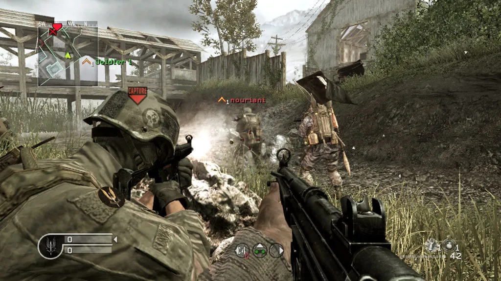 first person in-game view of Call of Duty 4: Modern Warfare with 4 players and a capture point
