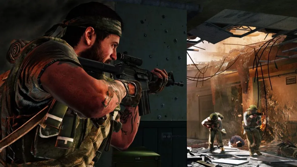 A soldier in Call of Duty: Black Ops aiming around a corner at two enemy soldiers