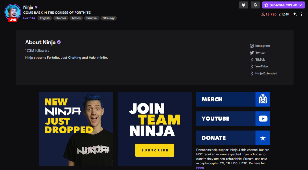 Ninja's stream page on twitch showcasing his links