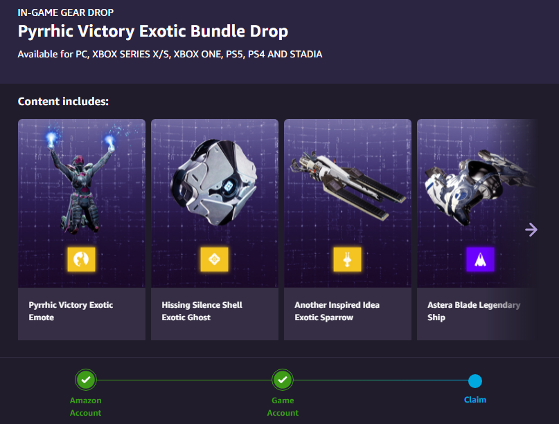 New Destiny 2 'Pyrrhic Victory' Prime Gaming loot bundle available