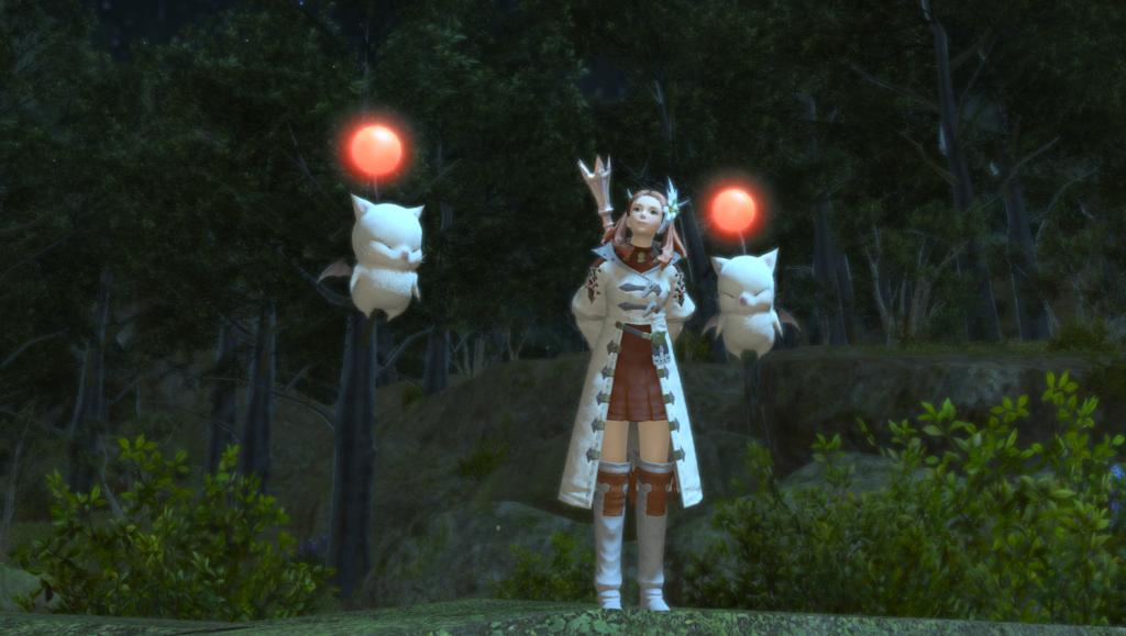 Screenshot showing the White Mage NPC leader surrounded by Moogles.